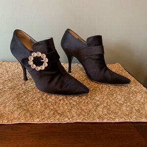 Elegant Black Women's Heels with Rhinestone Buckle.  Gorgeous Black Satin